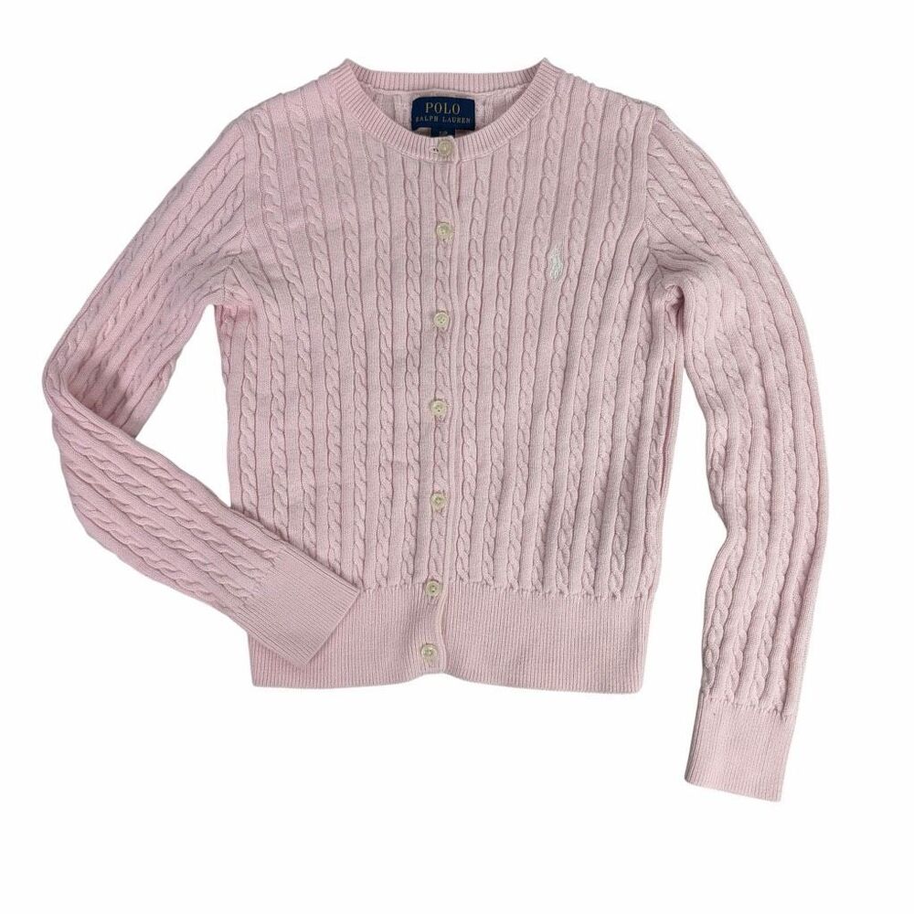 Polo Ralph Lauren Cable Knit Girls Pink Cardigan Small Old Money